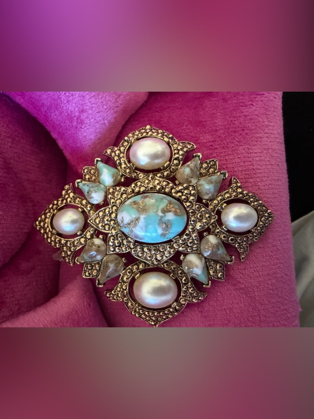 Sarah Coventry Turquoise Pearl Gold-Tone Remembrance Brooch